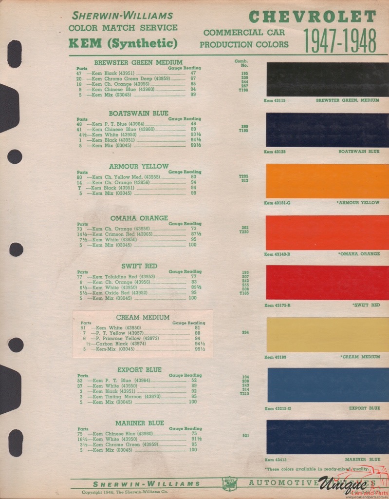 1947 GM Truck And Commercial Paint Charts Williams 1
